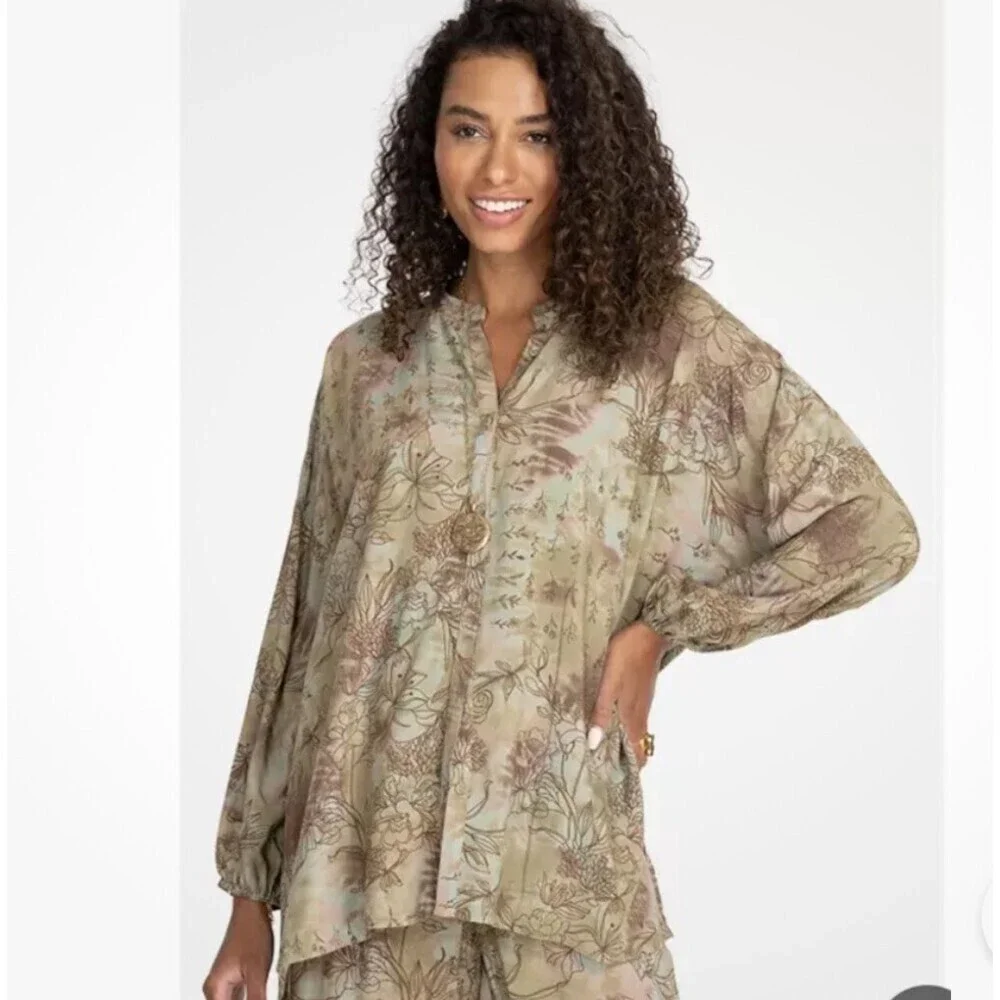 Johnny Was Oversized Puff-sleeve Shirt full button sage brown flowy SZ XS